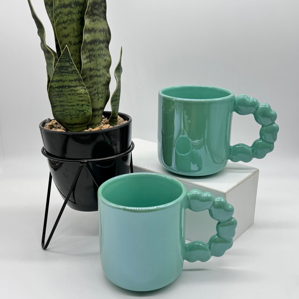 Set of 2 Mint Green Bubble Handle Ceramic Coffee Mugs | Modern Glossy Cups | Bra